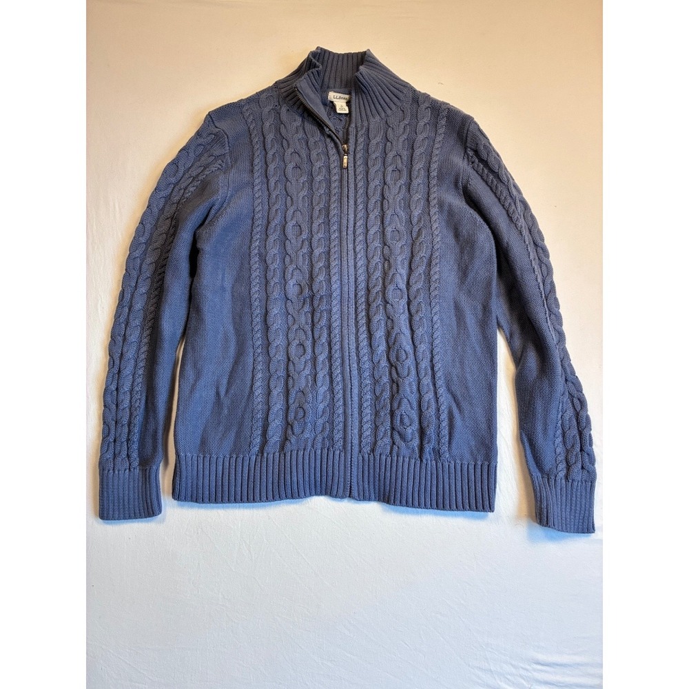 LL Bean Womens Full Zip Cable Knit Sweater Mock Neck Blue Large L Petite